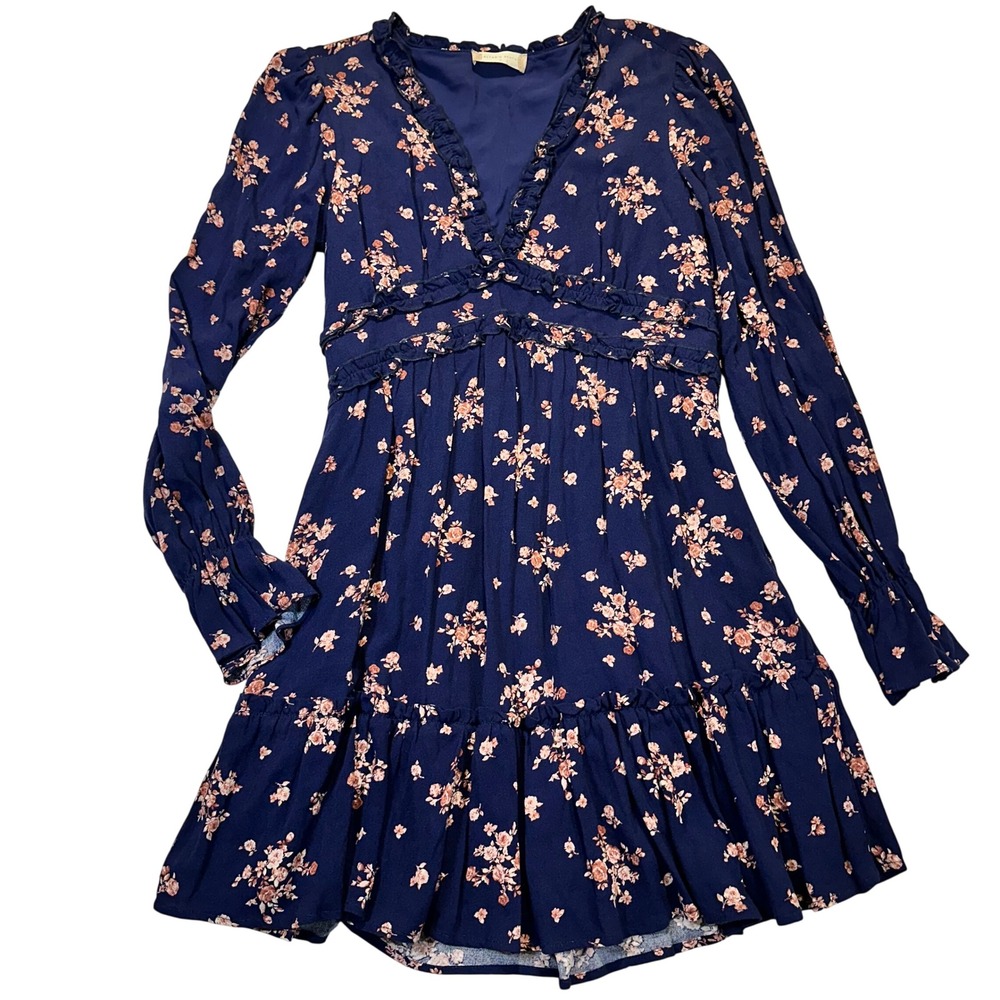 Altar'd State Mini Dress Women Small Navy Pink Floral Boho Ruffle V-Neck